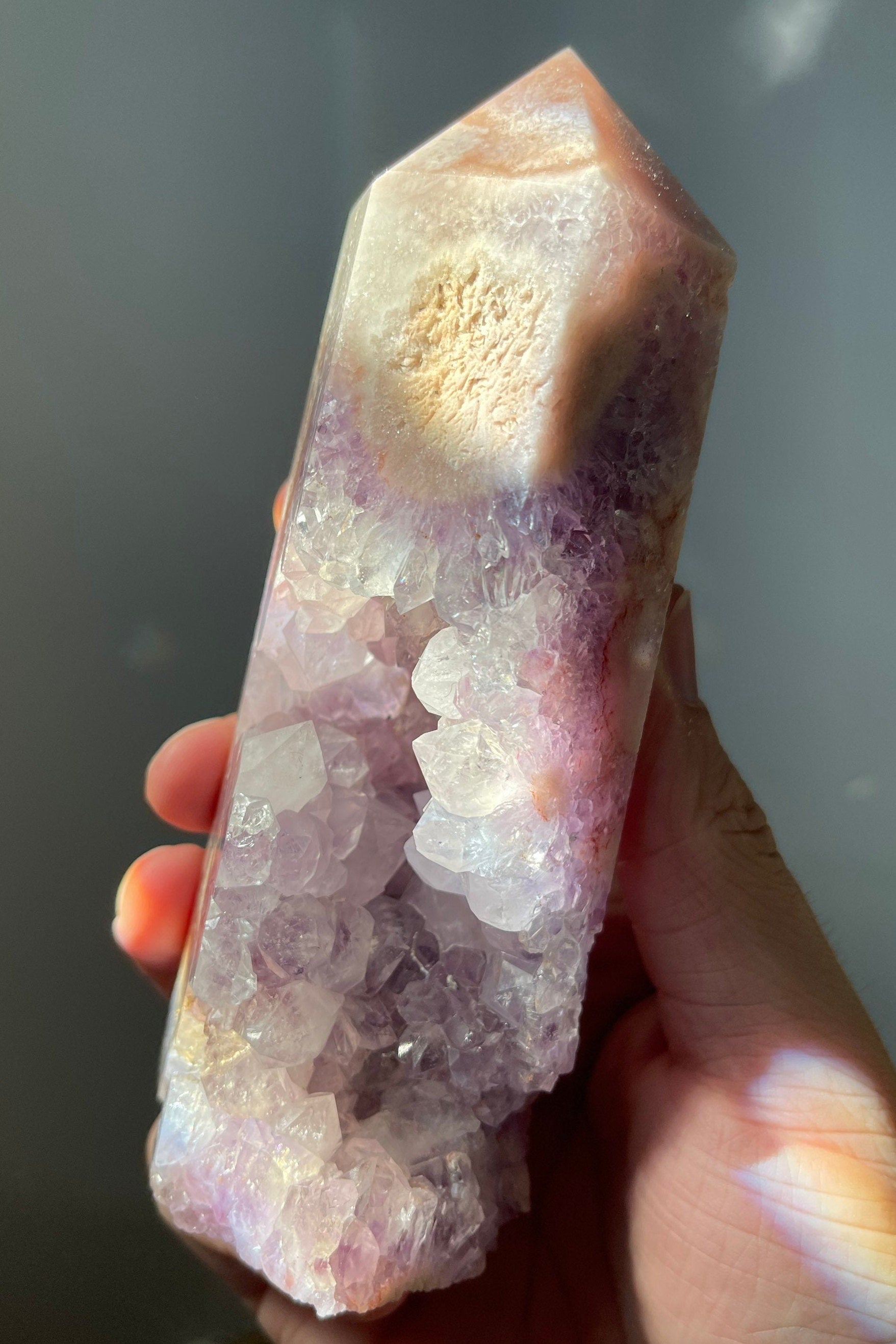 Stunning Pink Flower Agate Tower with Amethyst | Druzy | Hand Carved | One-of-a-kind