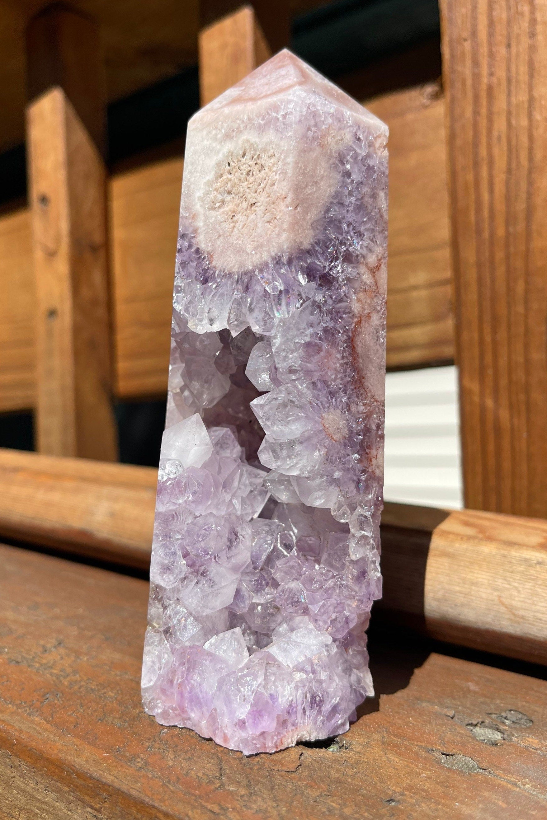 Stunning Pink Flower Agate Tower with Amethyst | Druzy | Hand Carved | One-of-a-kind