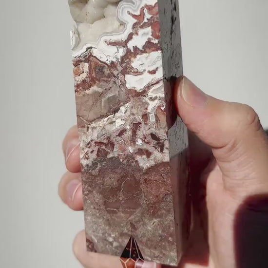 Mexican Crazy Lace Agate Crystal Tower with Sparkling Druzy | Meditation & Healing Crystal Wand