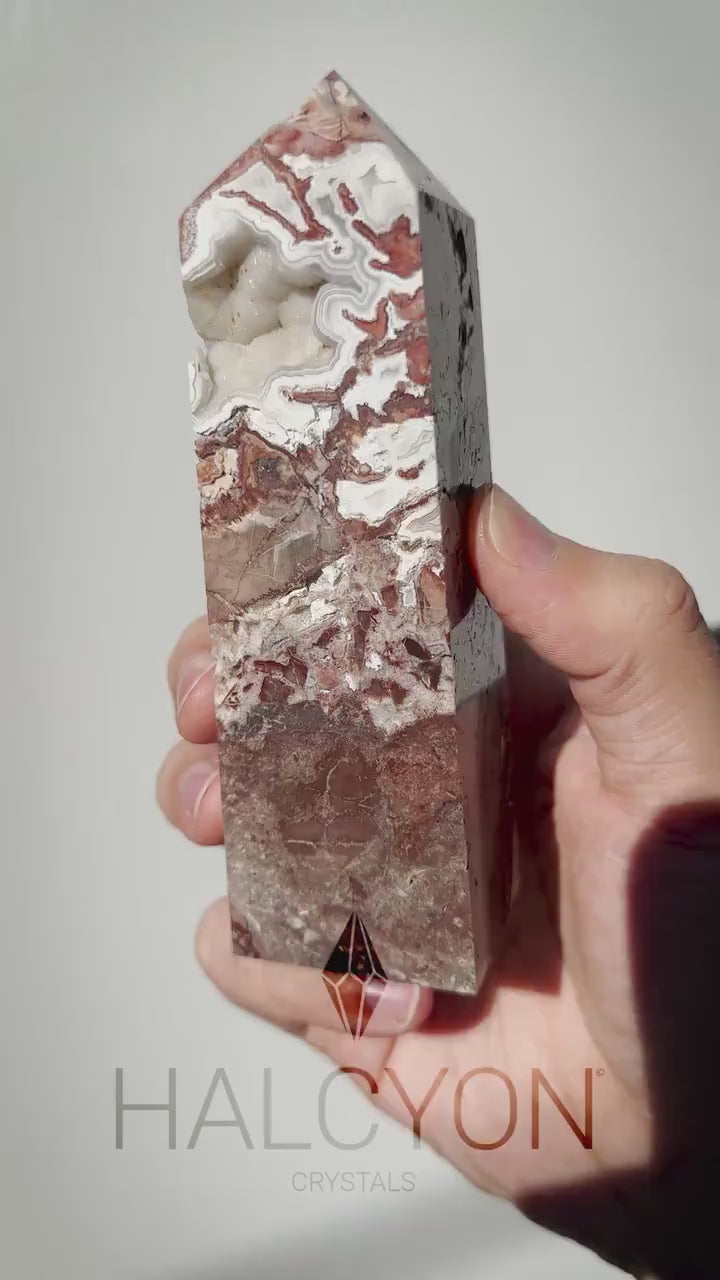 Mexican Crazy Lace Agate Crystal Tower with Sparkling Druzy | Meditation & Healing Crystal Wand