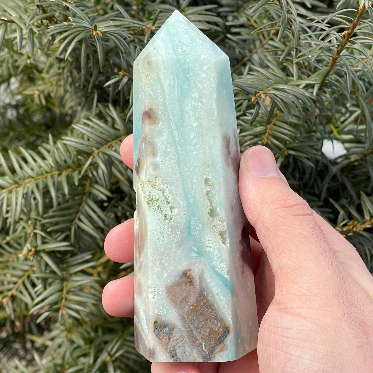 Large Sky Blue Quartz Tower with Druzy & Pyrite Inclusion