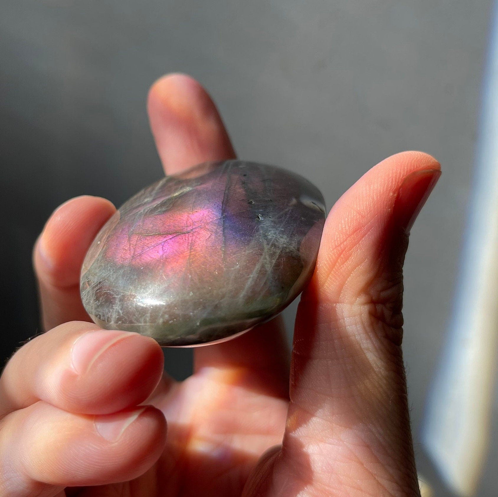 High Quality Labradorite Palm Stone | Pink & Purple Flash | Sunset | Hand Carved