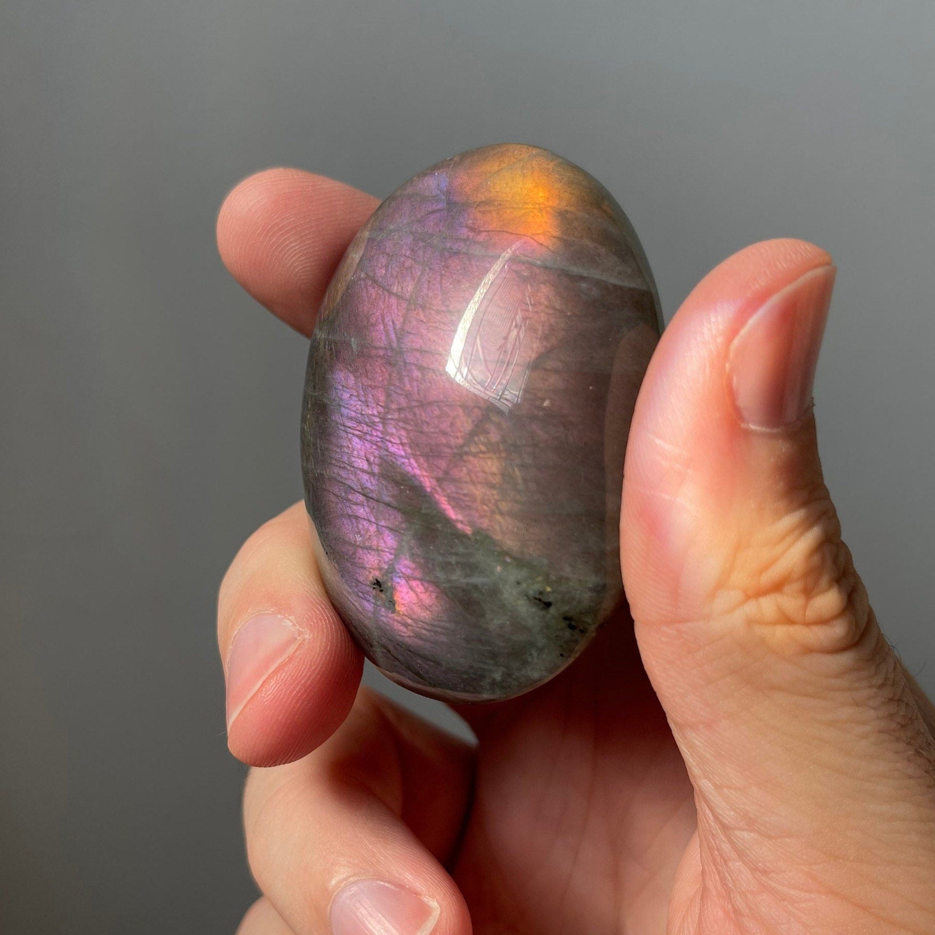 High Quality Labradorite Palm Stone | Purple & Pink Flash | Sunset | Hand Carved