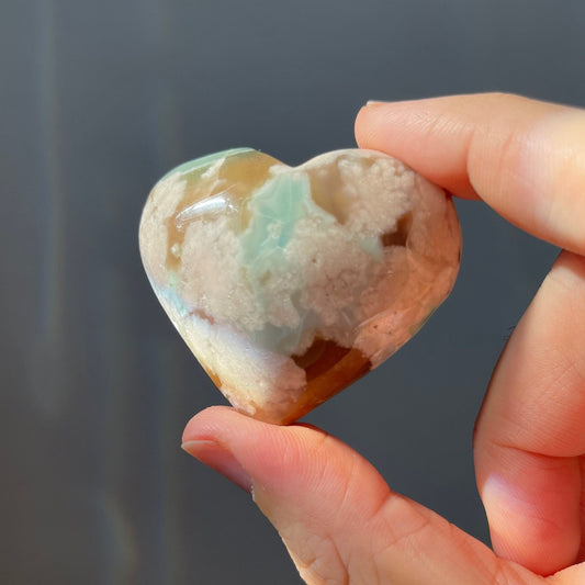 Cute Green Flower Agate Crystal Heart | Hand Carved | Perfect Gift