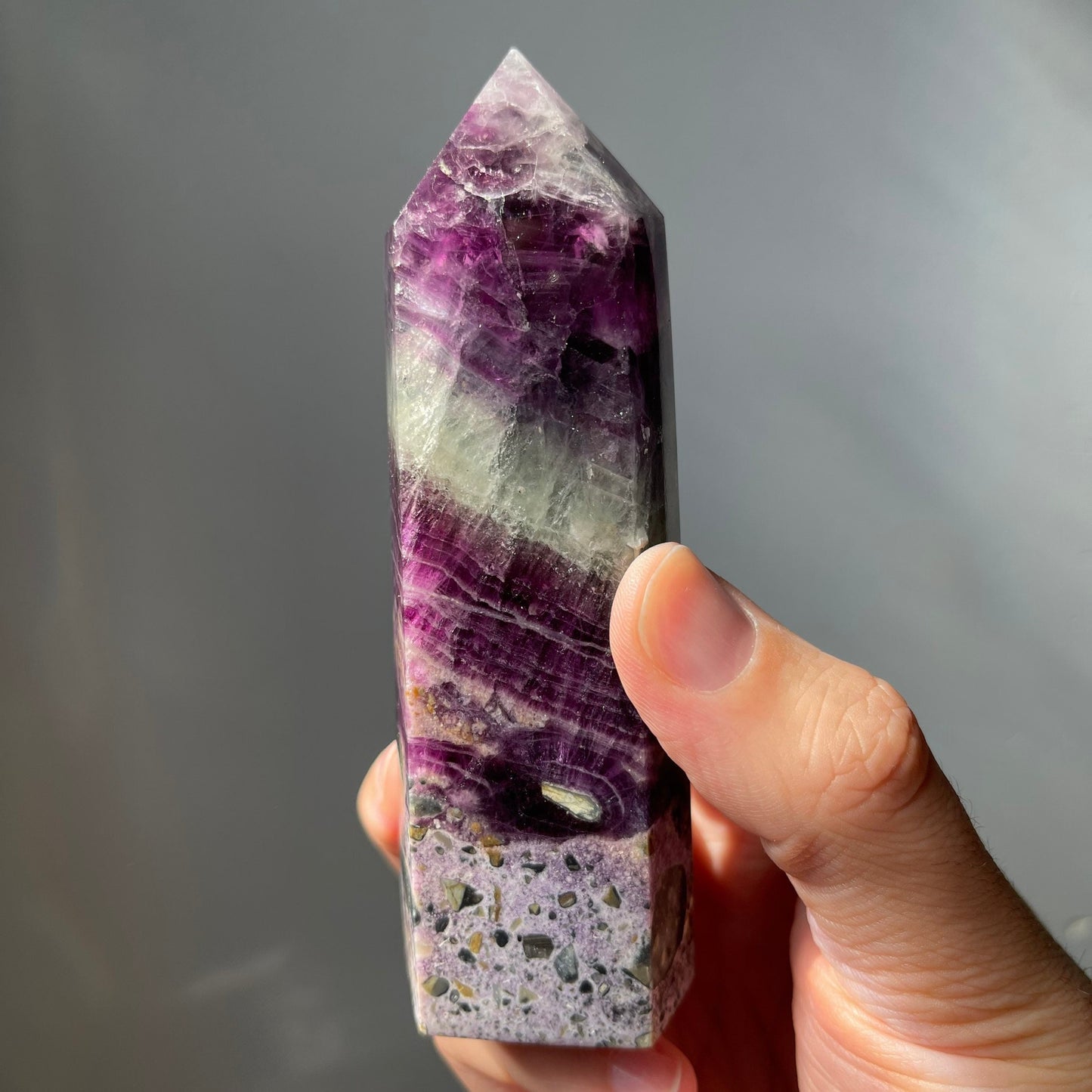 Large Purple Silky Fluorite Root Brecciated Tower | Natural Crystal Point | Healing & Meditation Wand