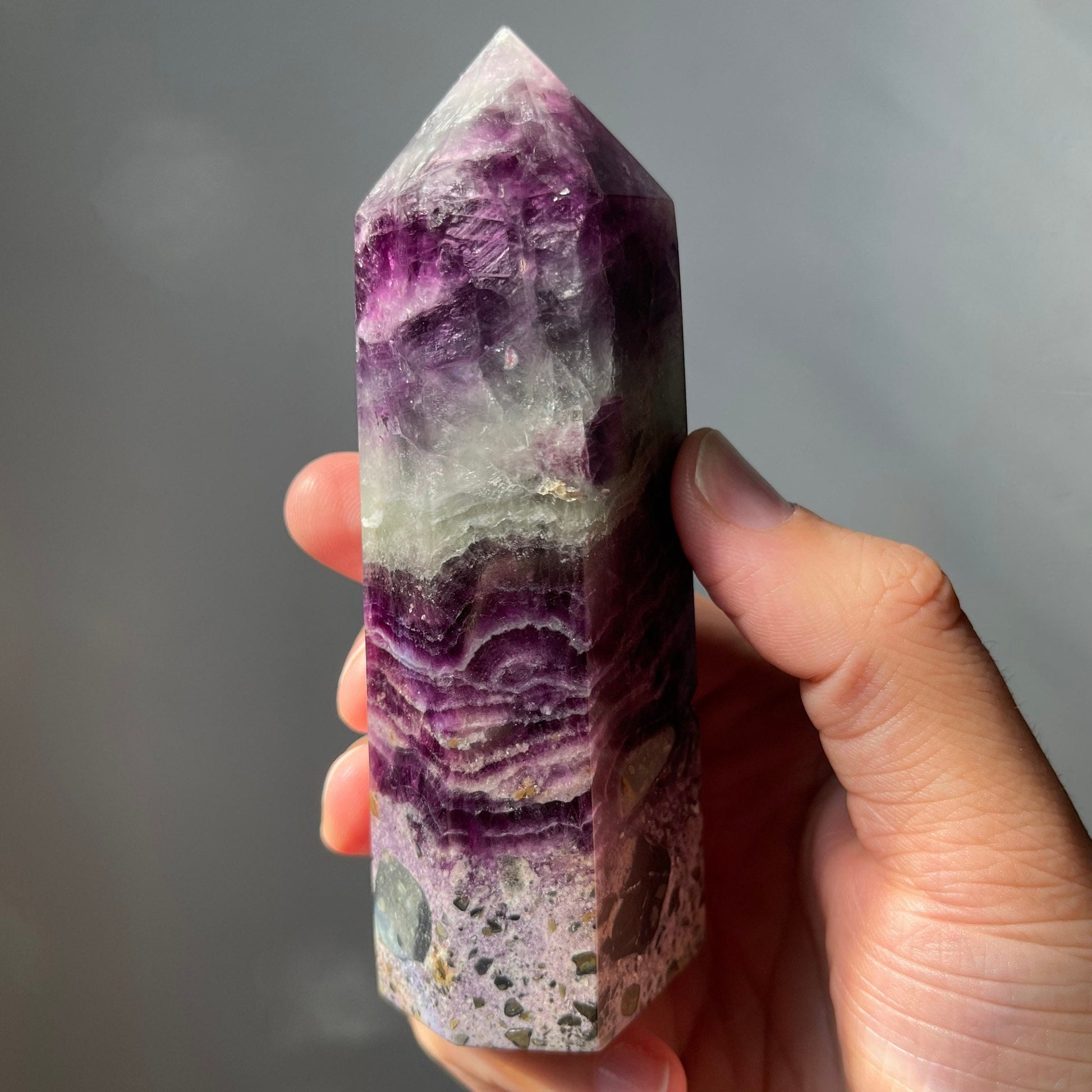 Large Purple Silky Fluorite Root Brecciated Tower | Natural Crystal Point | Healing & Meditation Wand