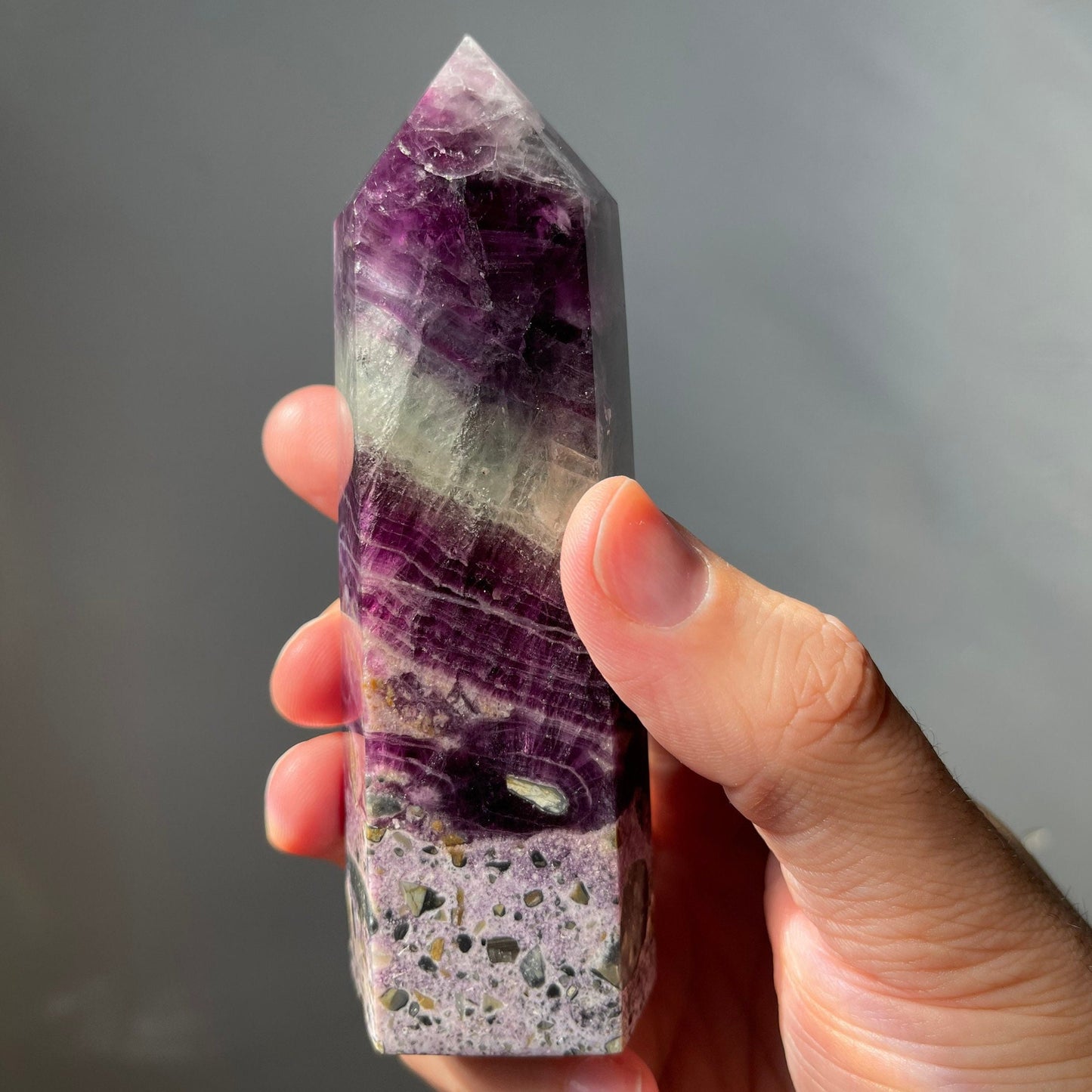 Large Purple Silky Fluorite Root Brecciated Tower | Natural Crystal Point | Healing & Meditation Wand