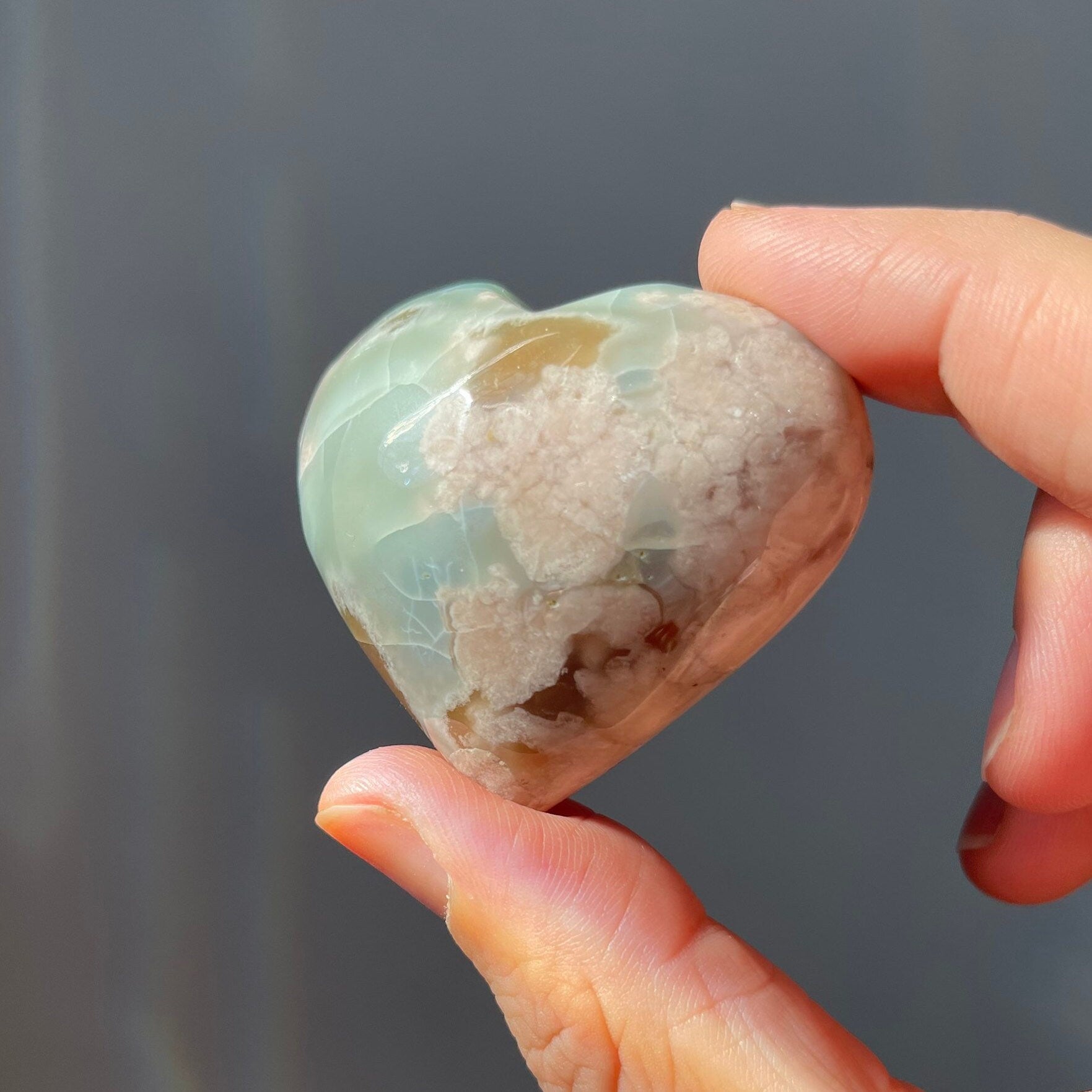 Cute Green Flower Agate Crystal Heart | Hand Carved | Perfect Gift