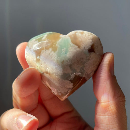 Cute Green Flower Agate Crystal Heart | Hand Carved | Perfect Gift