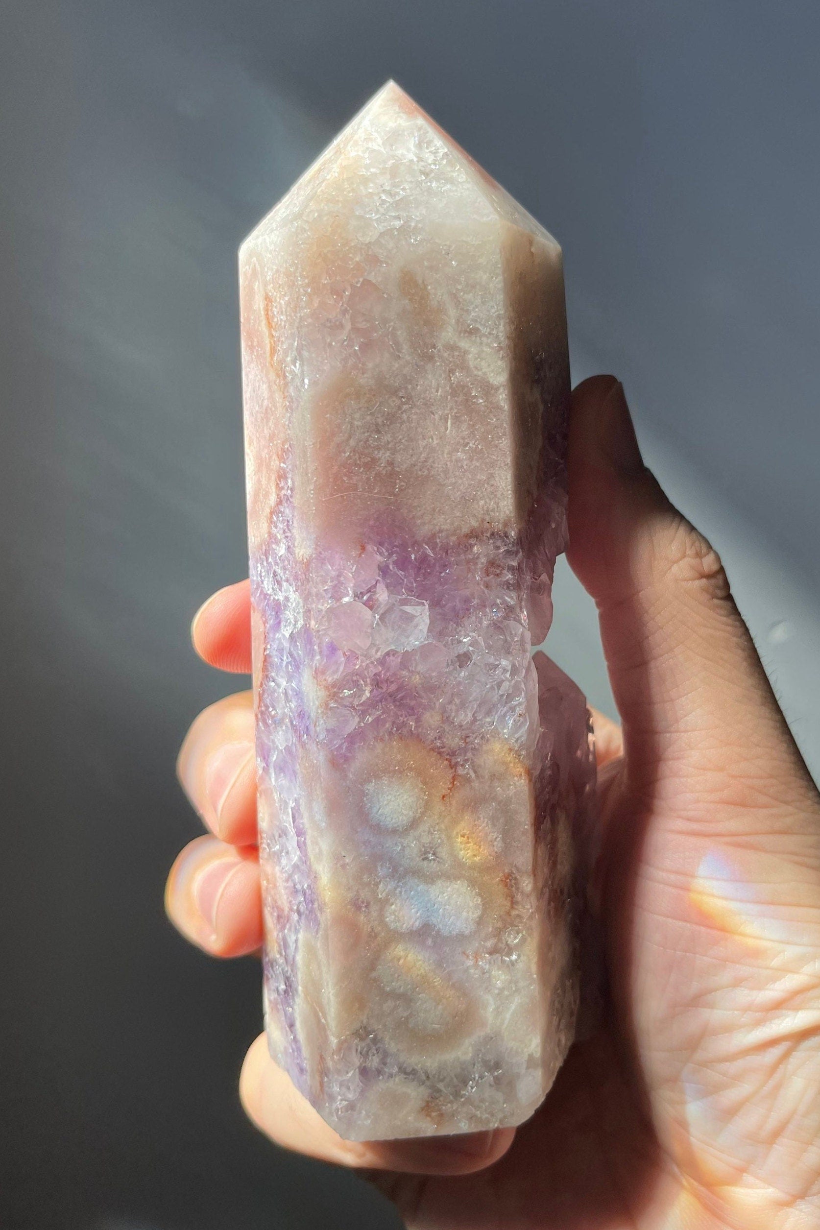 Stunning Pink Flower Agate Tower with Amethyst | Druzy | Hand Carved | One-of-a-kind