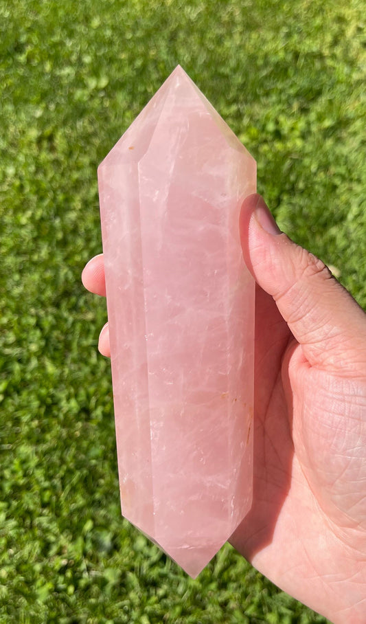 Large Rose Quartz Double Terminated Crystal Tower | Double Point | Hand Carved | Meditation & Healing Crystal Wand