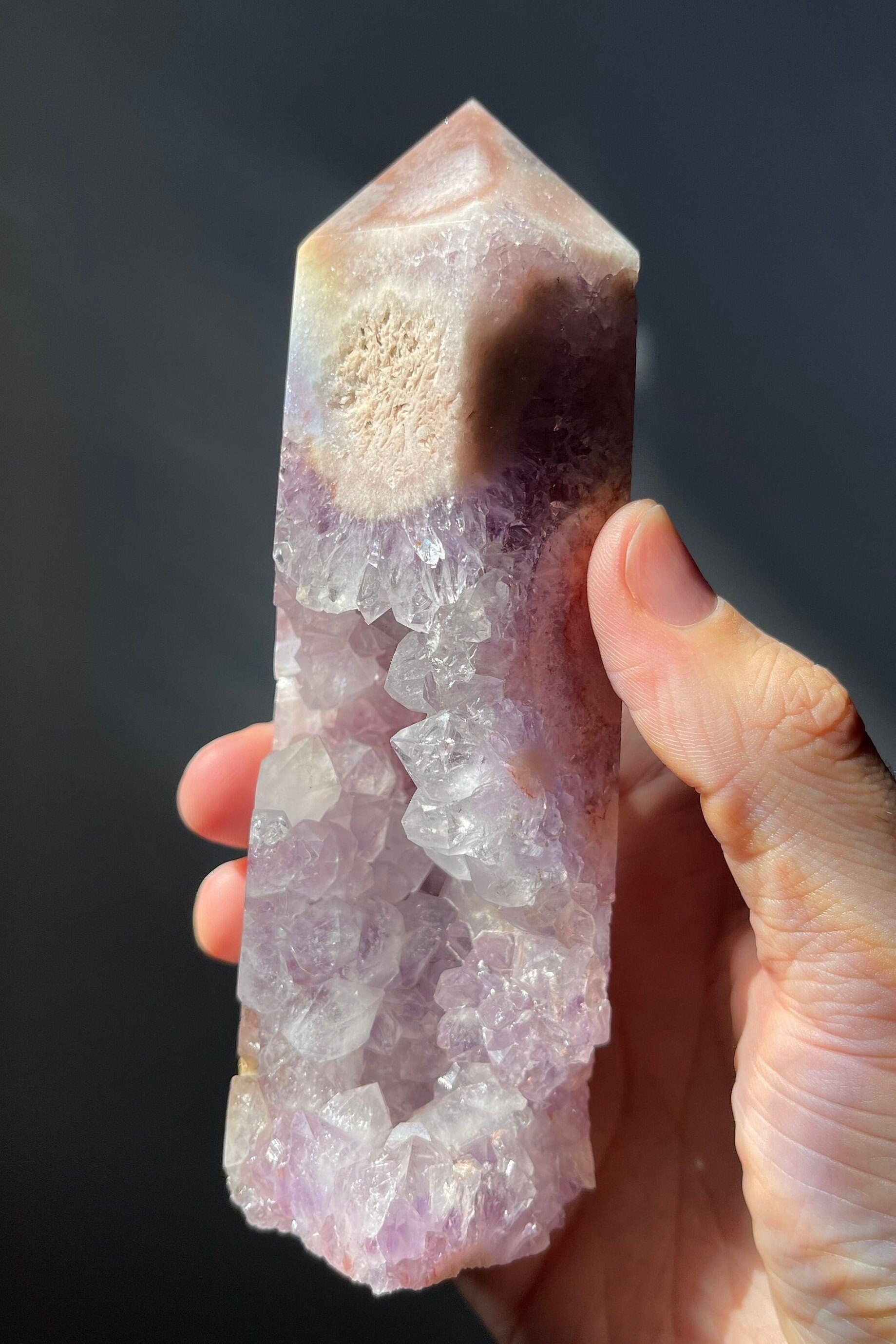 Stunning Pink Flower Agate Tower with Amethyst | Druzy | Hand Carved | One-of-a-kind