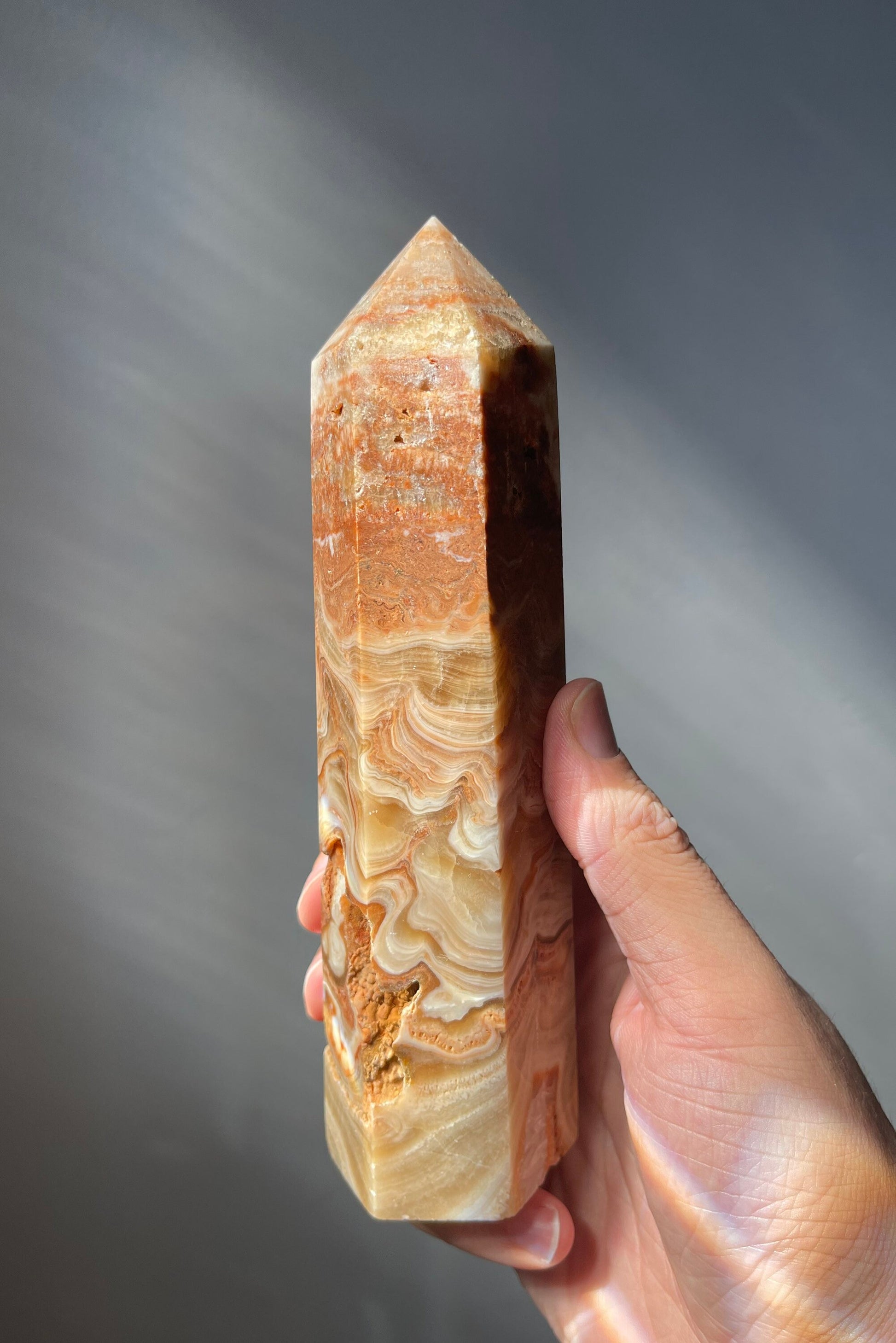 Amber Flower Agate Tower with Druzy | Clear Quartz Inclusions | Large Tower