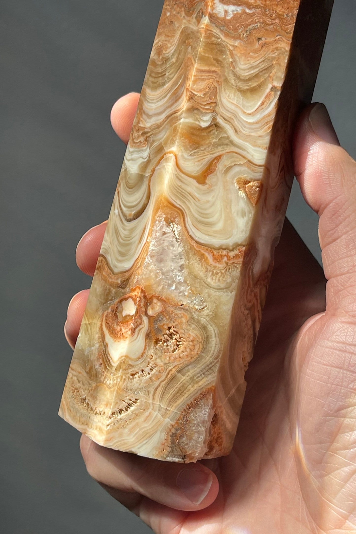 Amber Flower Agate Tower with Druzy | Clear Quartz Inclusions | Large Tower