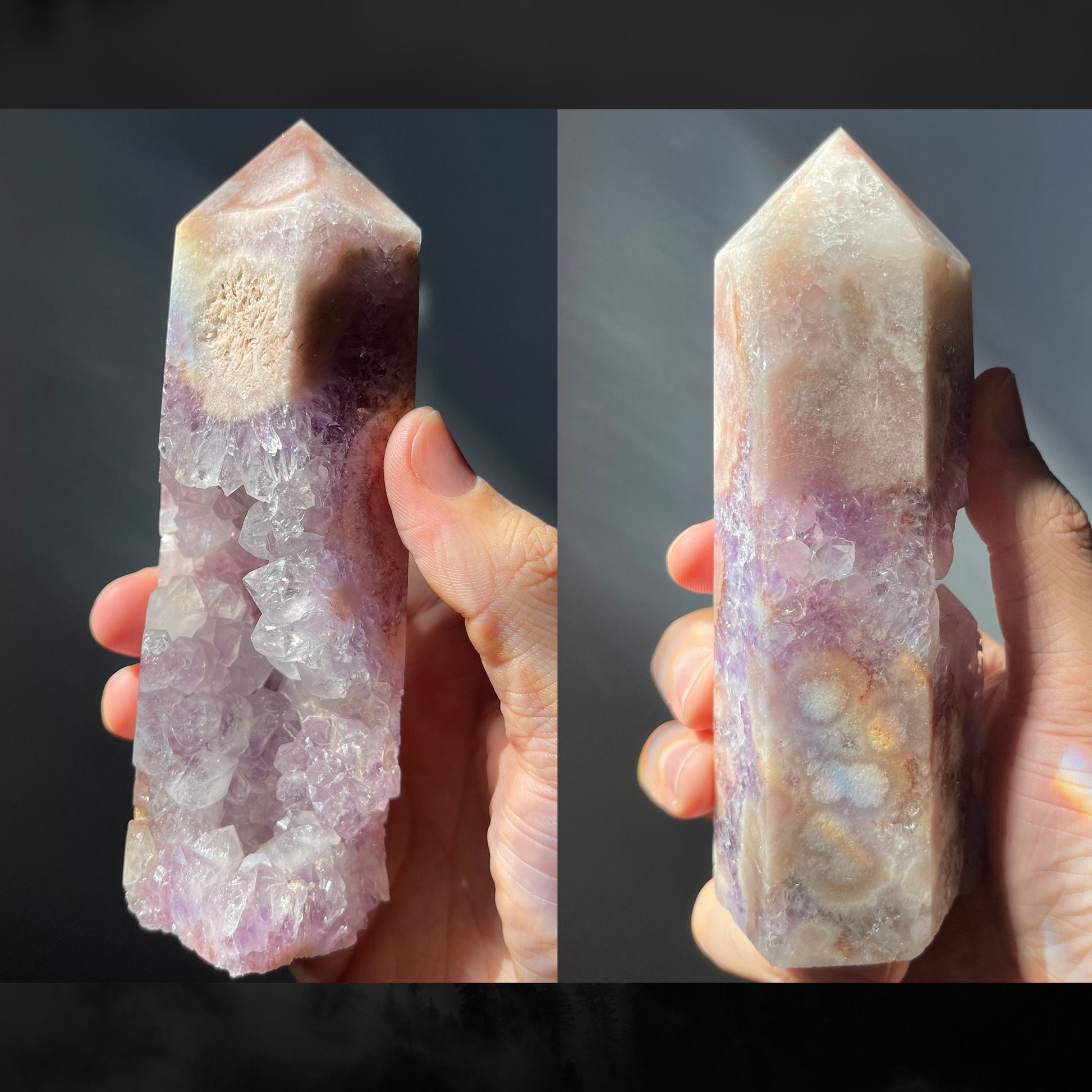 Stunning Pink Flower Agate Tower with Amethyst | Druzy | Hand Carved | One-of-a-kind