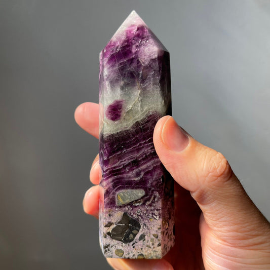 Large Purple Silky Fluorite Root Brecciated Tower | Natural Crystal Point | Healing & Meditation Wand