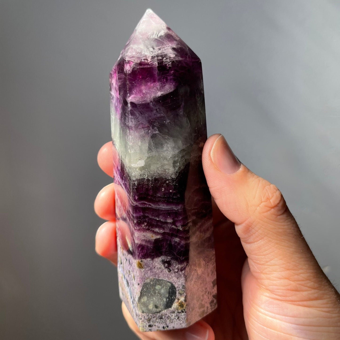 Large Purple Silky Fluorite Root Brecciated Tower | Natural Crystal Point | Healing & Meditation Wand