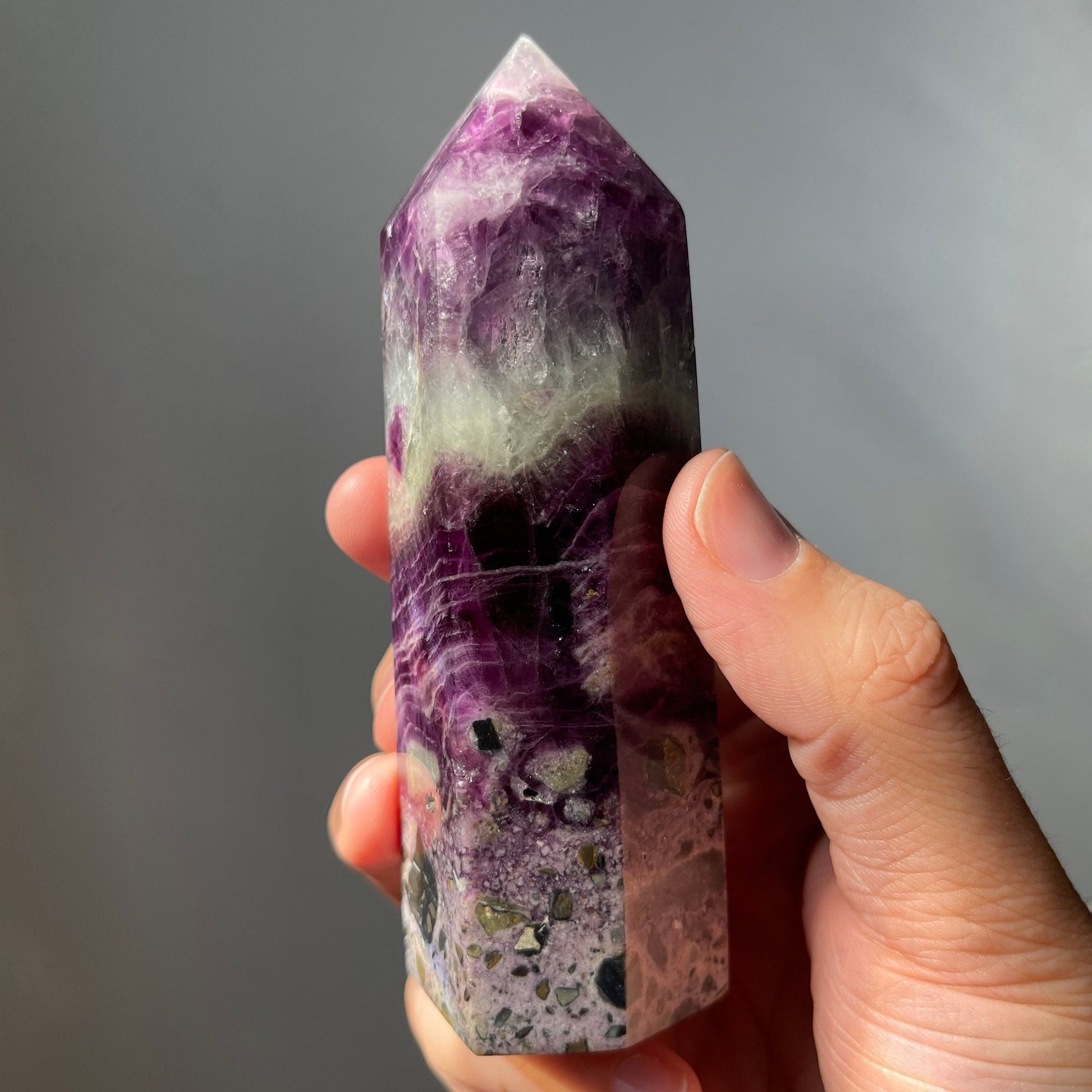 Large Purple Silky Fluorite Root Brecciated Tower | Natural Crystal Point | Healing & Meditation Wand