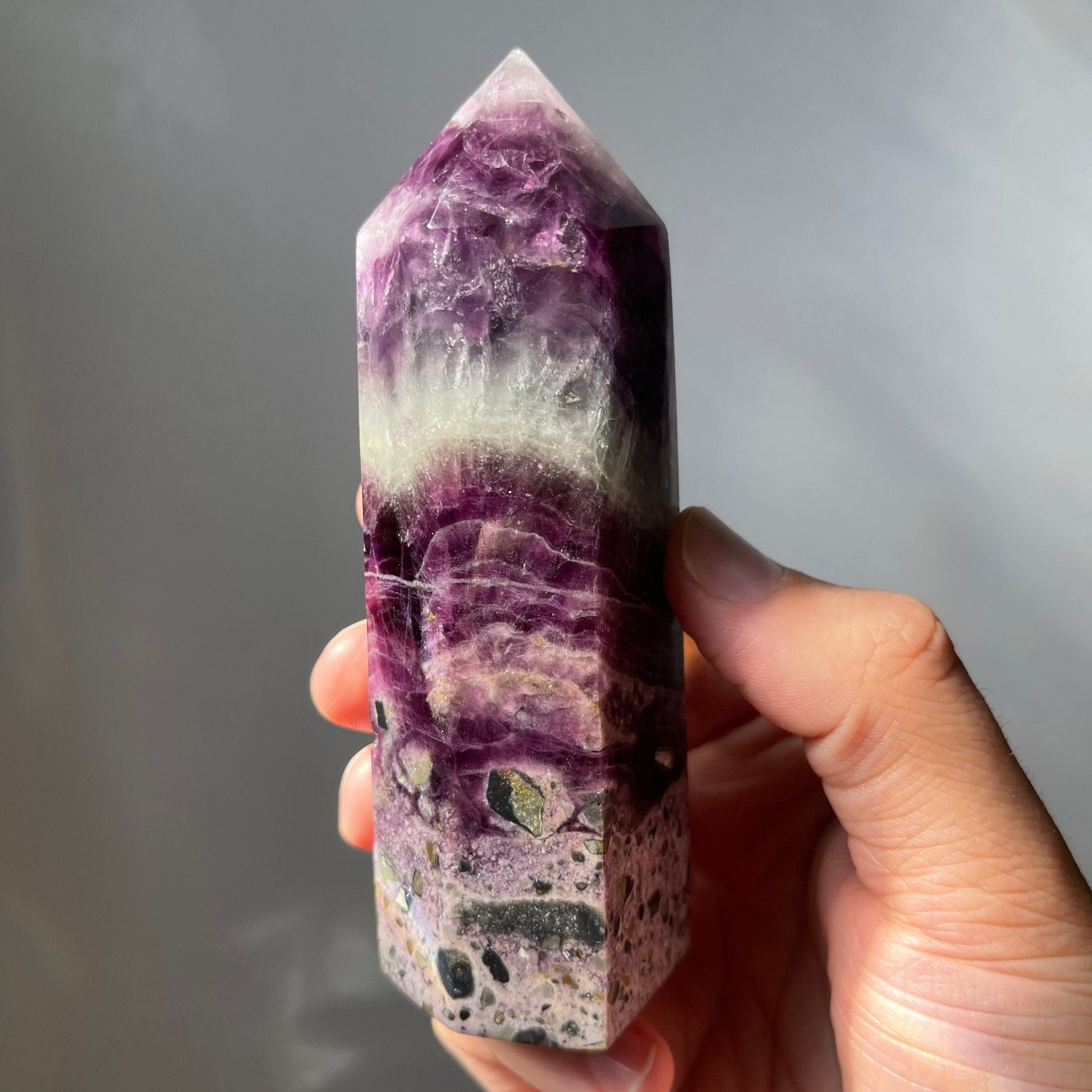 Large Purple Silky Fluorite Root Brecciated Tower | Natural Crystal Point | Healing & Meditation Wand