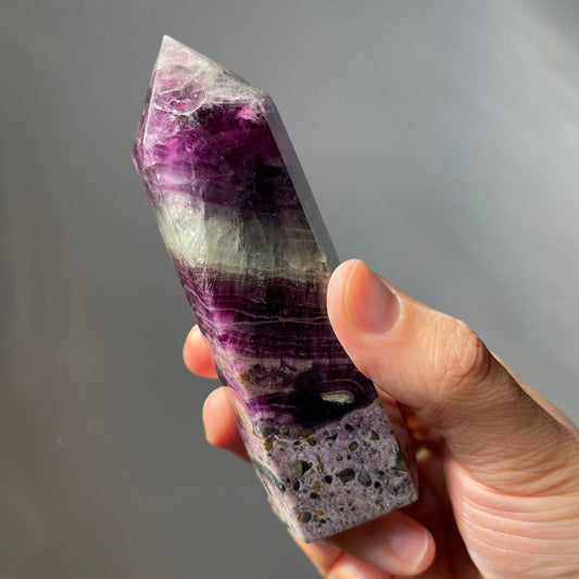 Large Purple Silky Fluorite Root Brecciated Tower | Natural Crystal Point | Healing & Meditation Wand