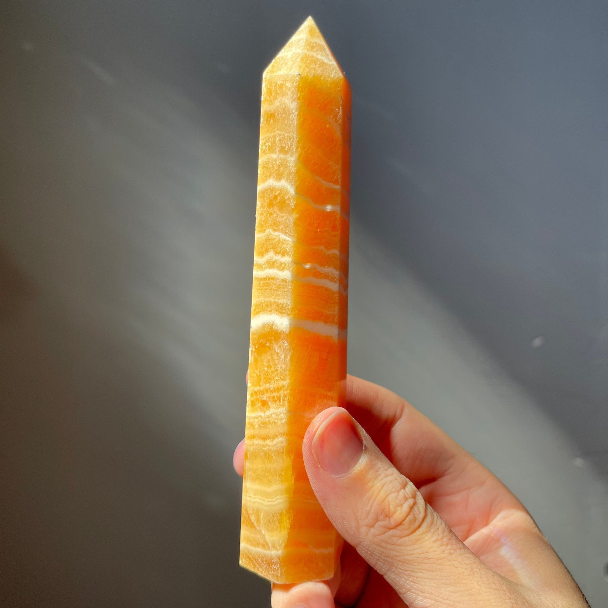 Tall Orange Calcite Crystal Tower | White Banding | Crystal Point | Crystal Healing & Meditation Wand