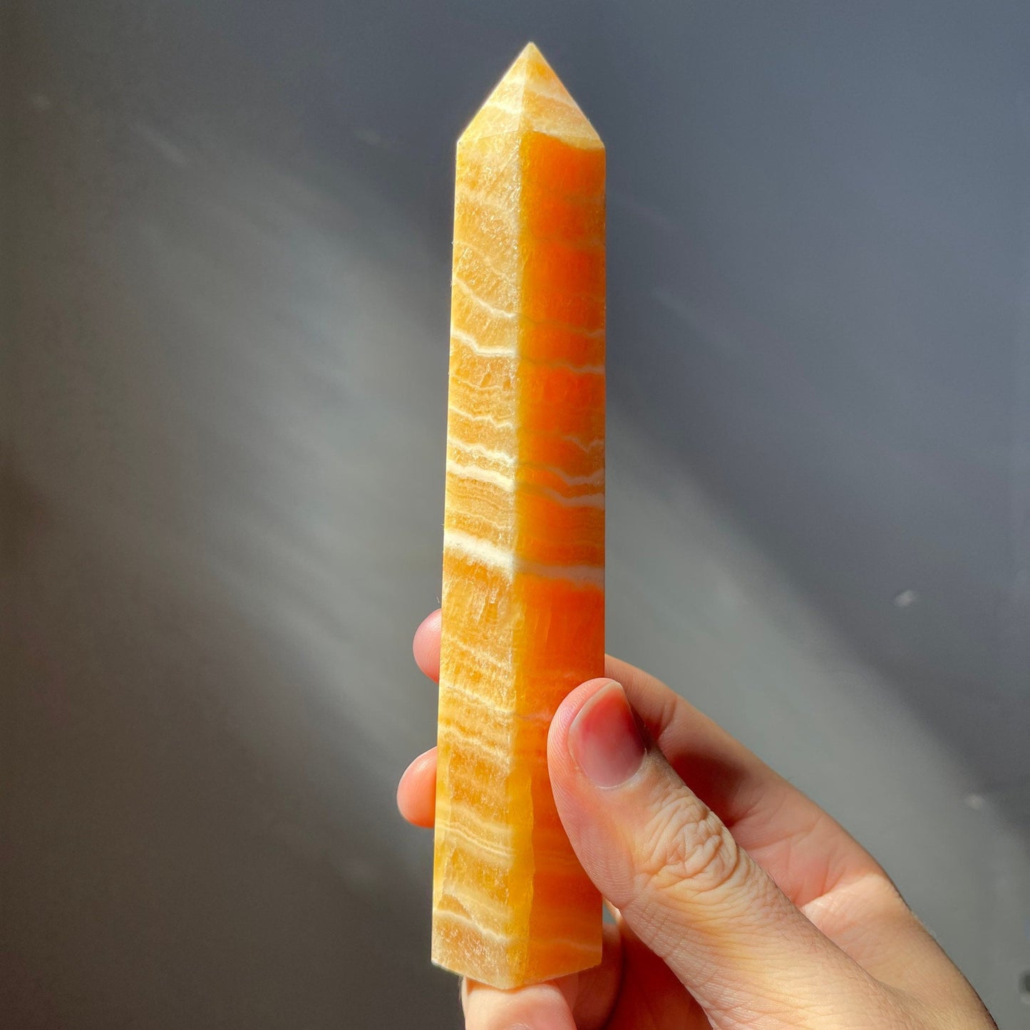 Tall Orange Calcite Crystal Tower | White Banding | Crystal Point | Crystal Healing & Meditation Wand