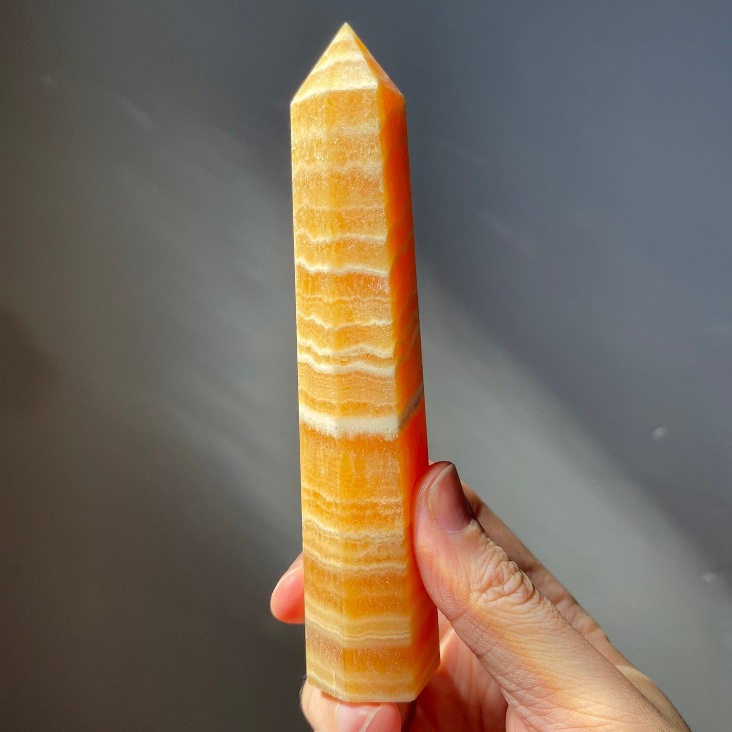 Tall Orange Calcite Crystal Tower | White Banding | Crystal Point | Crystal Healing & Meditation Wand