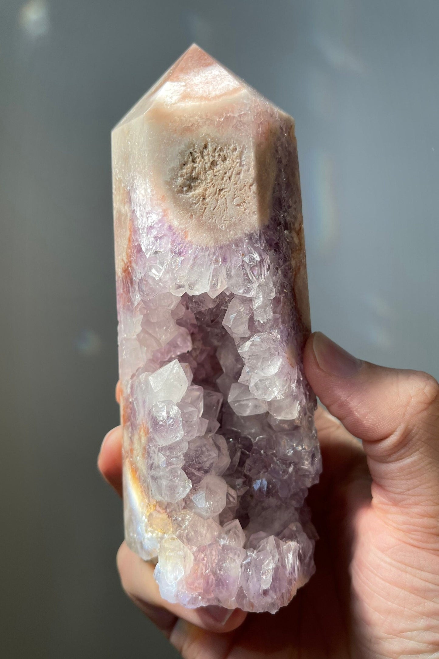 Stunning Pink Flower Agate Tower with Amethyst | Druzy | Hand Carved | One-of-a-kind