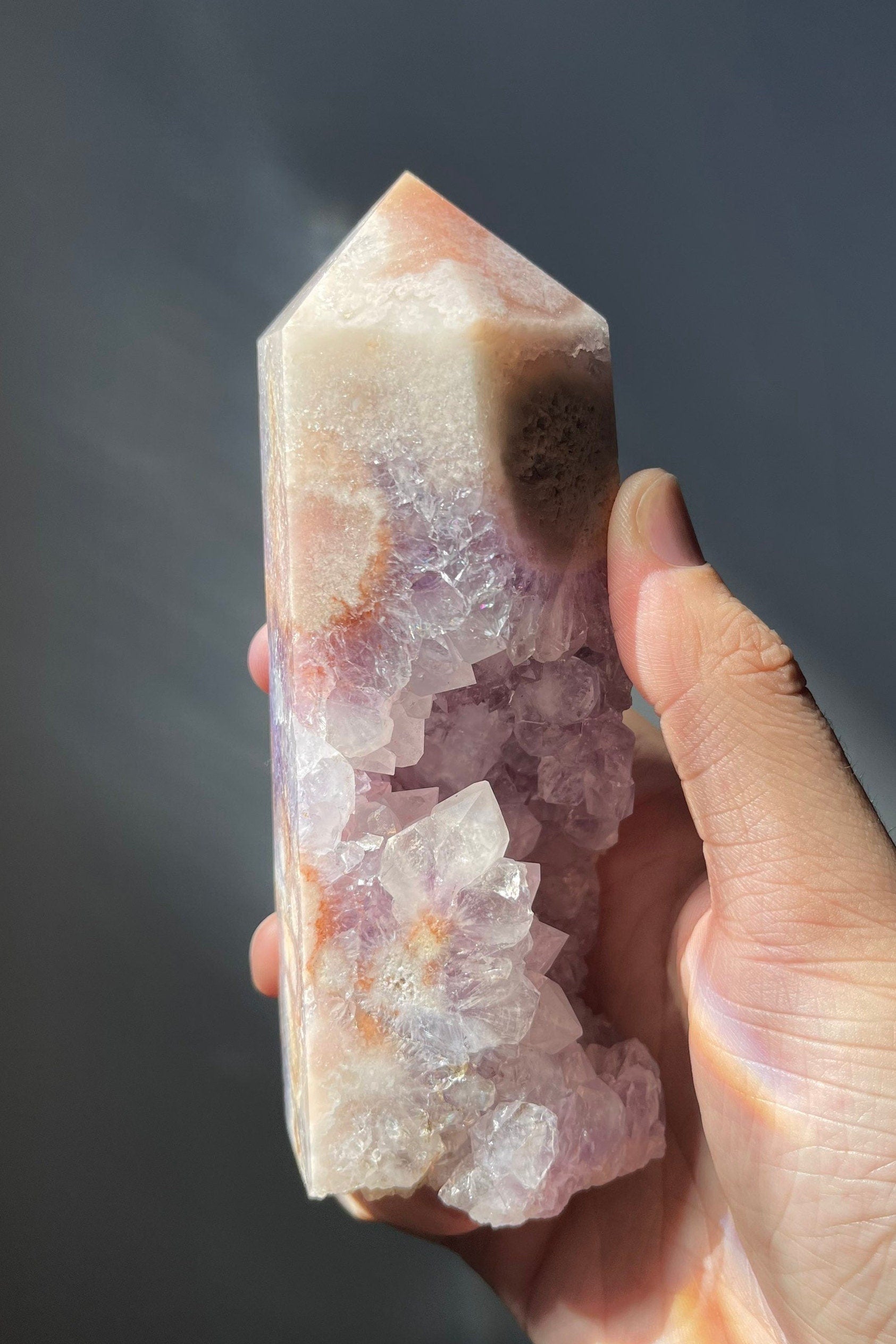 Stunning Pink Flower Agate Tower with Amethyst | Druzy | Hand Carved | One-of-a-kind