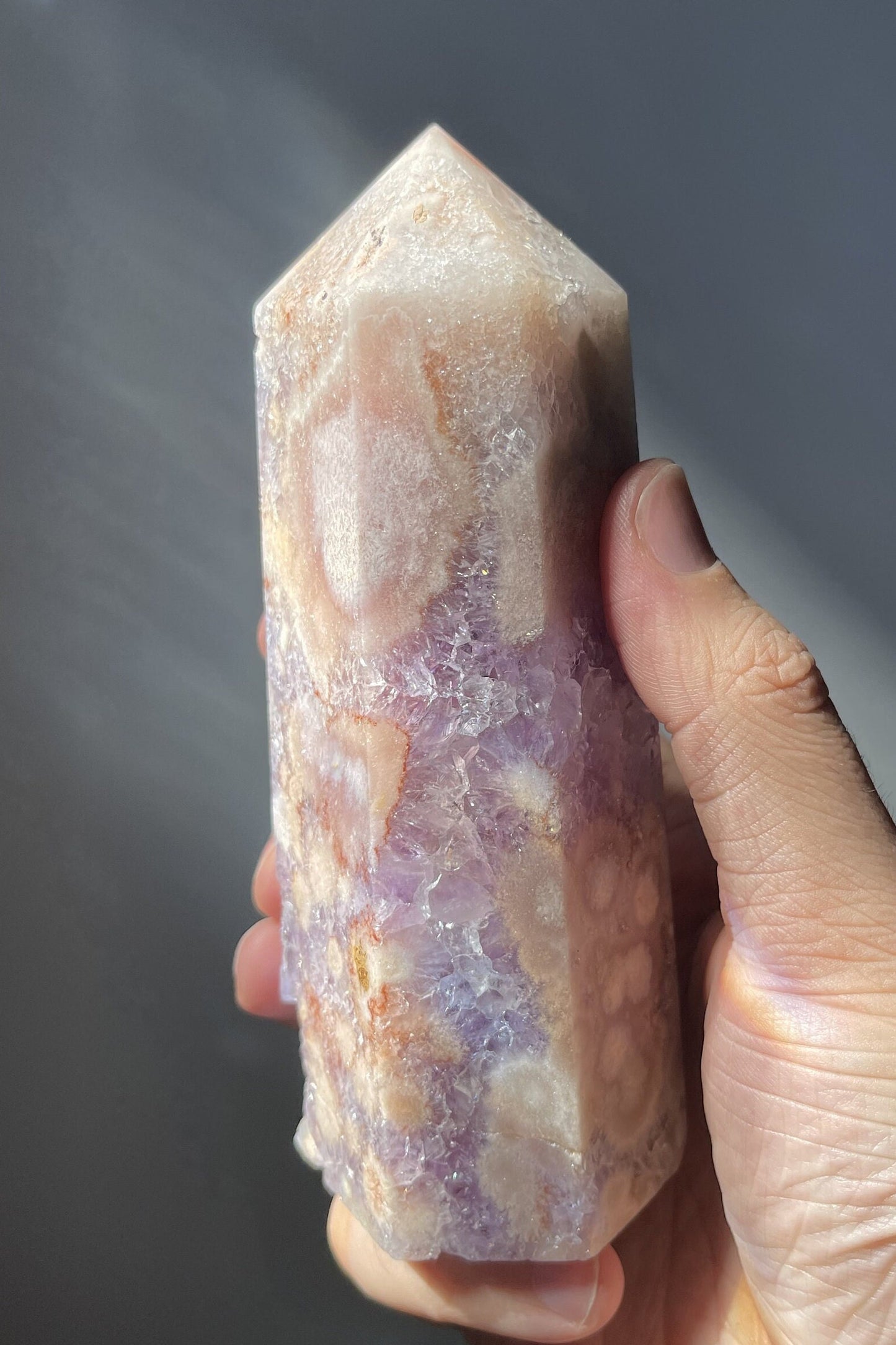 Stunning Pink Flower Agate Tower with Amethyst | Druzy | Hand Carved | One-of-a-kind