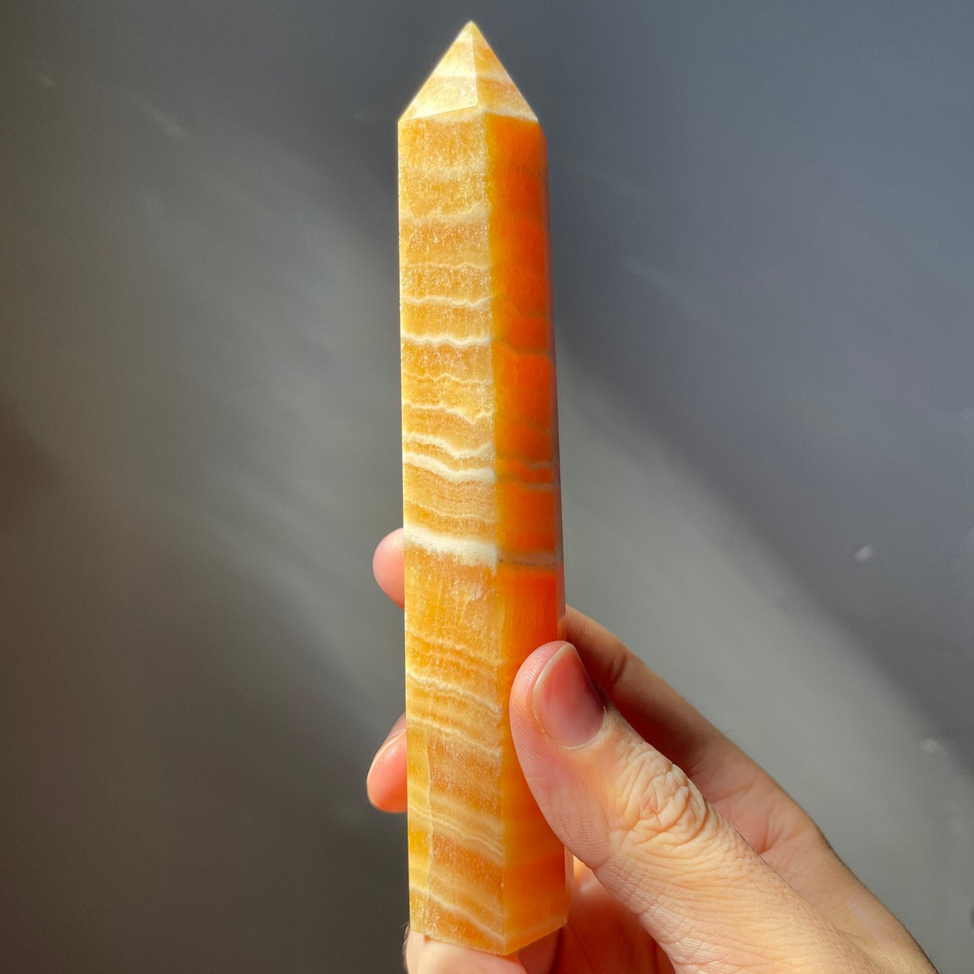 Tall Orange Calcite Crystal Tower | White Banding | Crystal Point | Crystal Healing & Meditation Wand