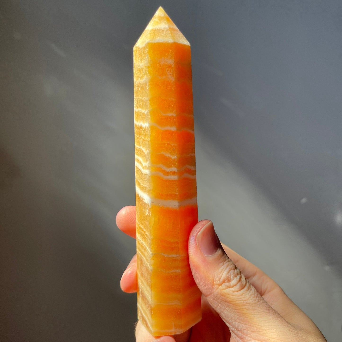 Tall Orange Calcite Crystal Tower | White Banding | Crystal Point | Crystal Healing & Meditation Wand