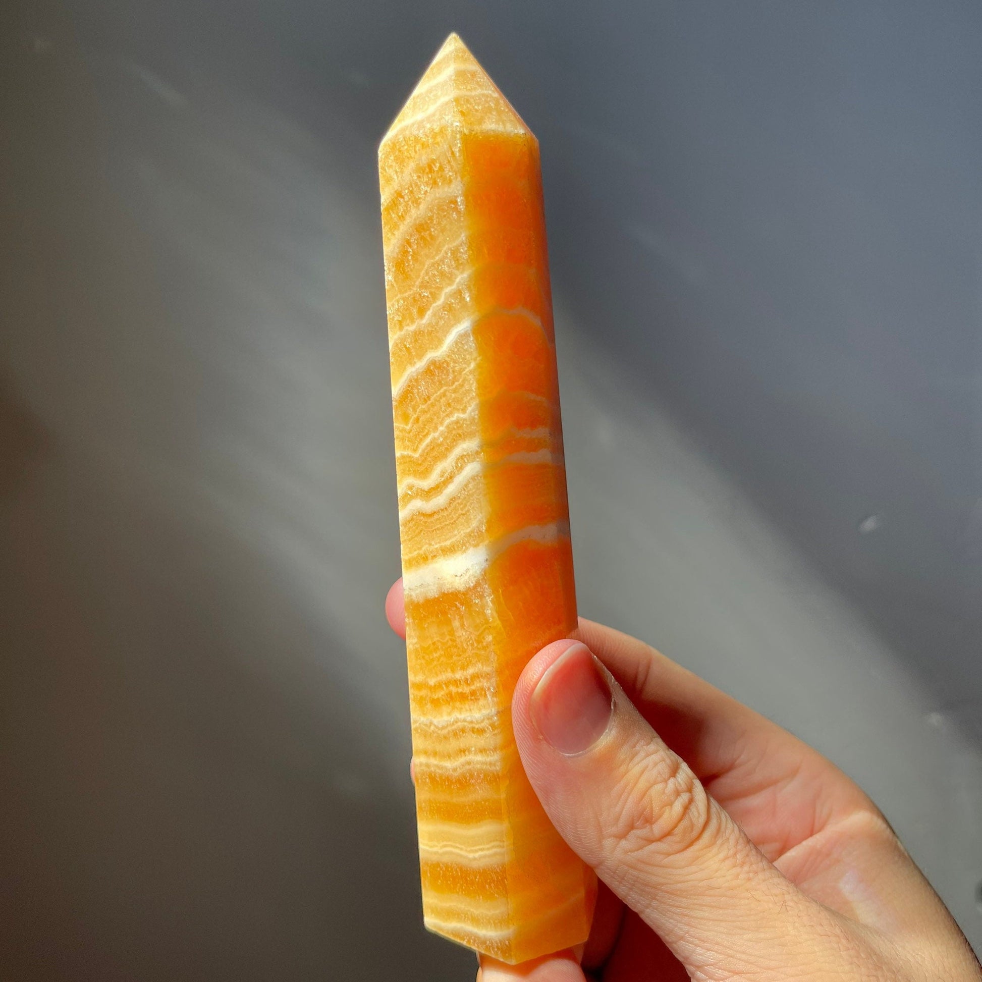 Tall Orange Calcite Crystal Tower | White Banding | Crystal Point | Crystal Healing & Meditation Wand