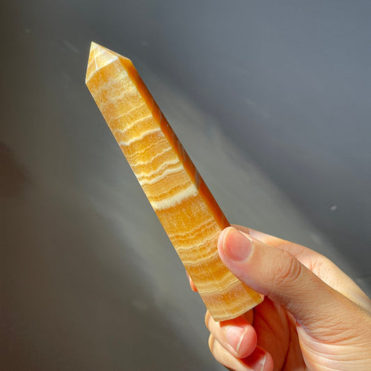 Tall Orange Calcite Crystal Tower | White Banding | Crystal Point | Crystal Healing & Meditation Wand