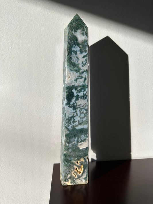 XL Moss Agate Crystal Tower with Druzy | Extra Large Hand Carved Point | Meditation & Healing Crystal Wand