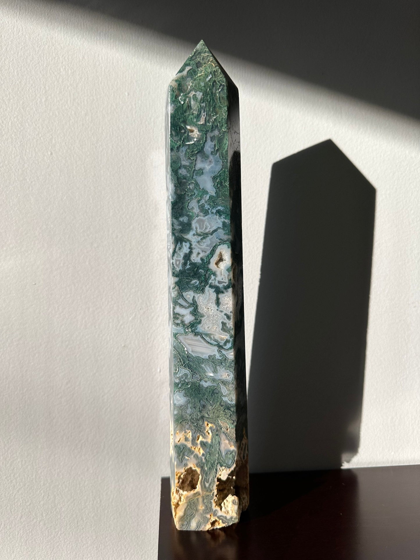 XL Moss Agate Crystal Tower with Druzy | Extra Large Hand Carved Point | Meditation & Healing Crystal Wand