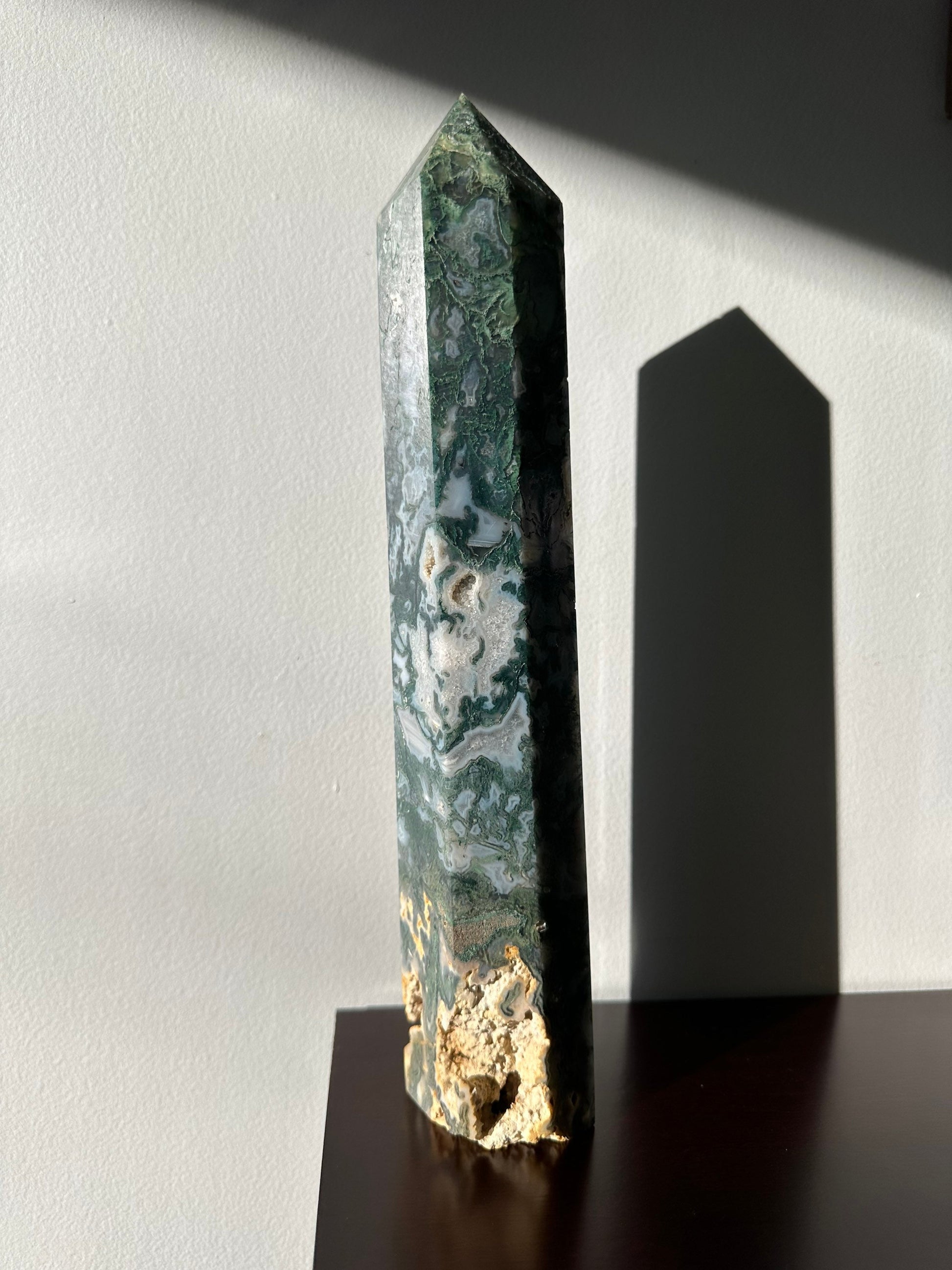 XL Moss Agate Crystal Tower with Druzy | Extra Large Hand Carved Point | Meditation & Healing Crystal Wand