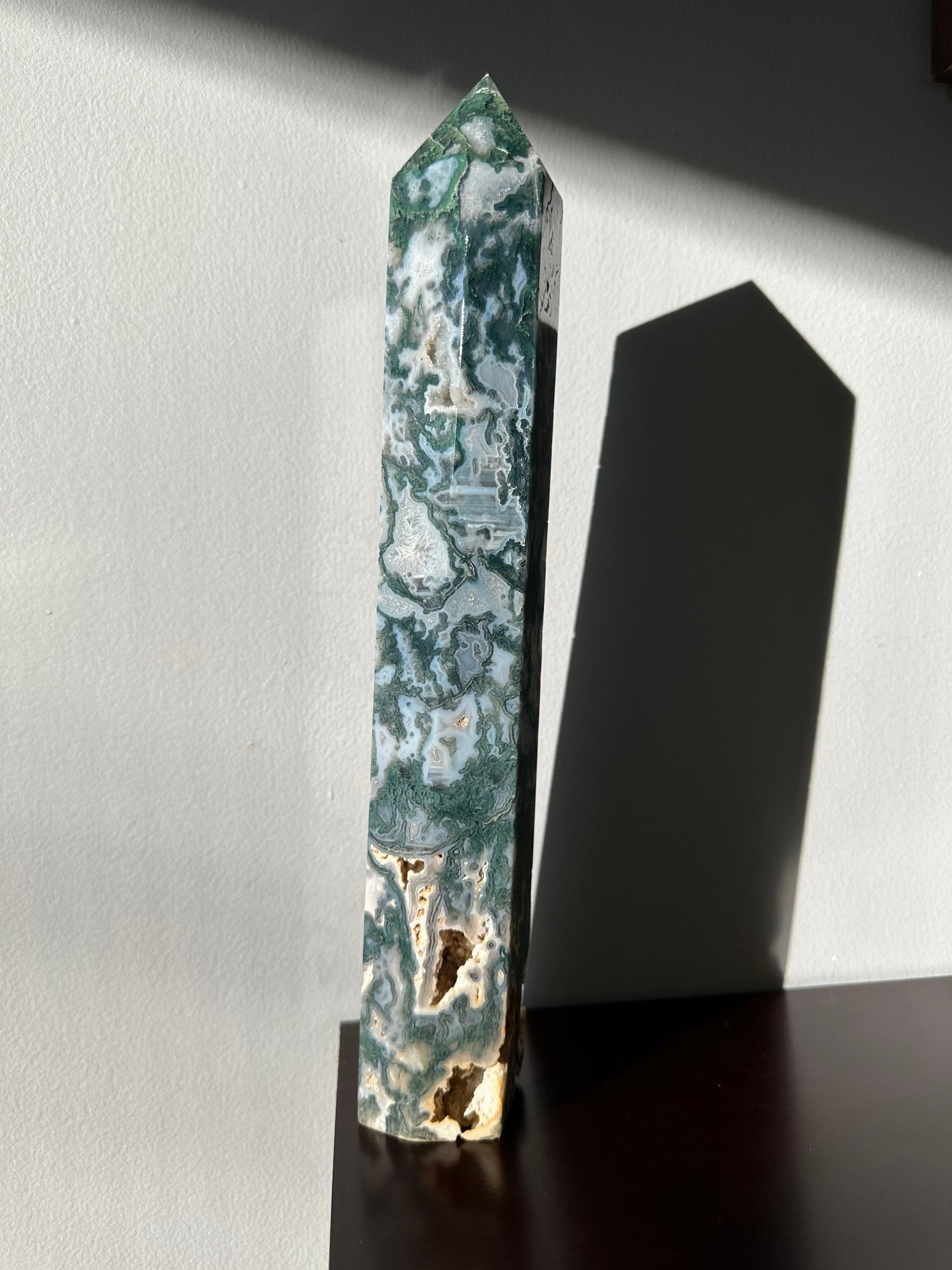 XL Moss Agate Crystal Tower with Druzy | Extra Large Hand Carved Point | Meditation & Healing Crystal Wand