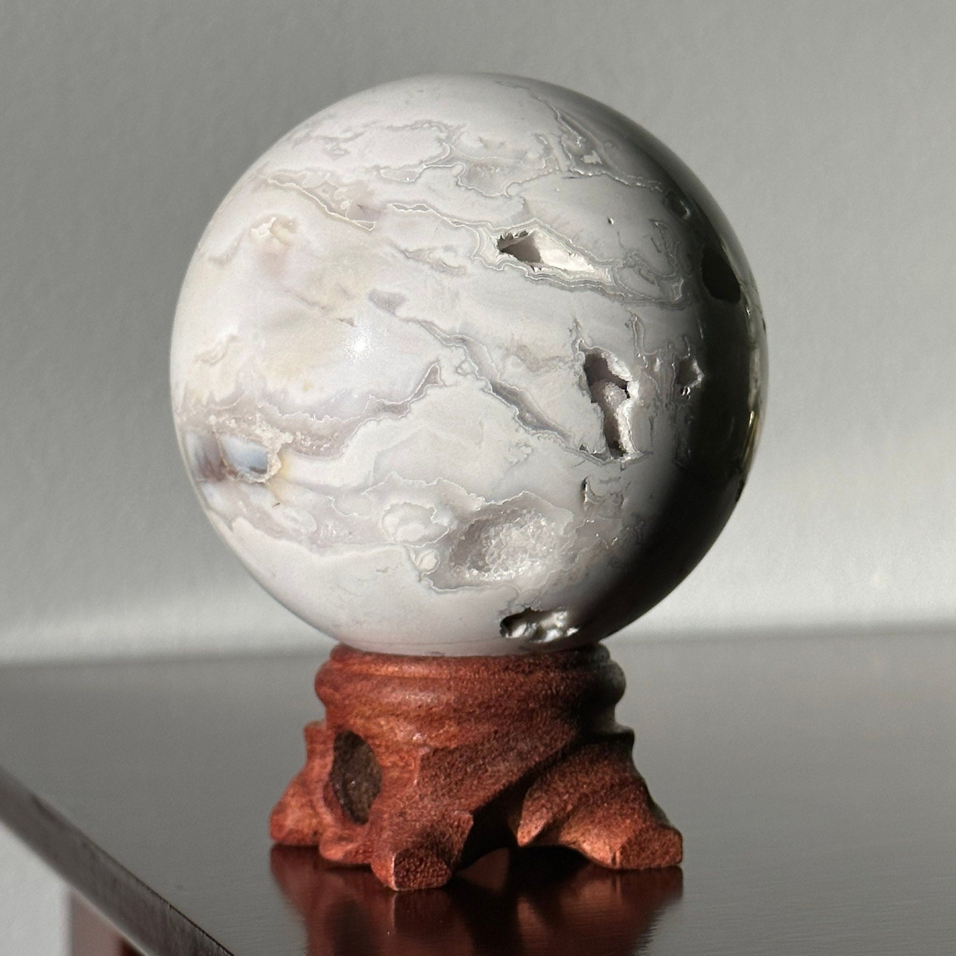 Snow White Agate Crystal Sphere | Crystal Ball | Hand Carved | Meditation & Crystal Healing