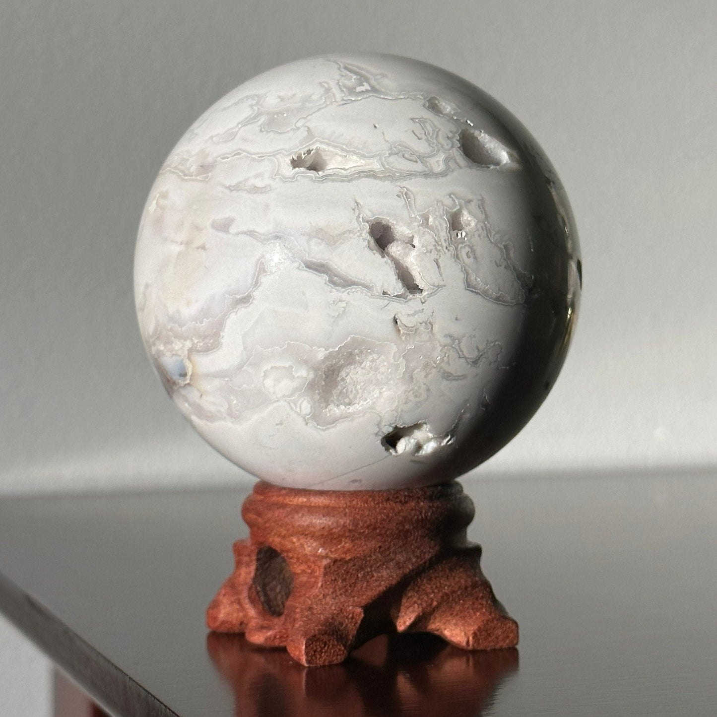 Snow White Agate Crystal Sphere | Crystal Ball | Hand Carved | Meditation & Crystal Healing