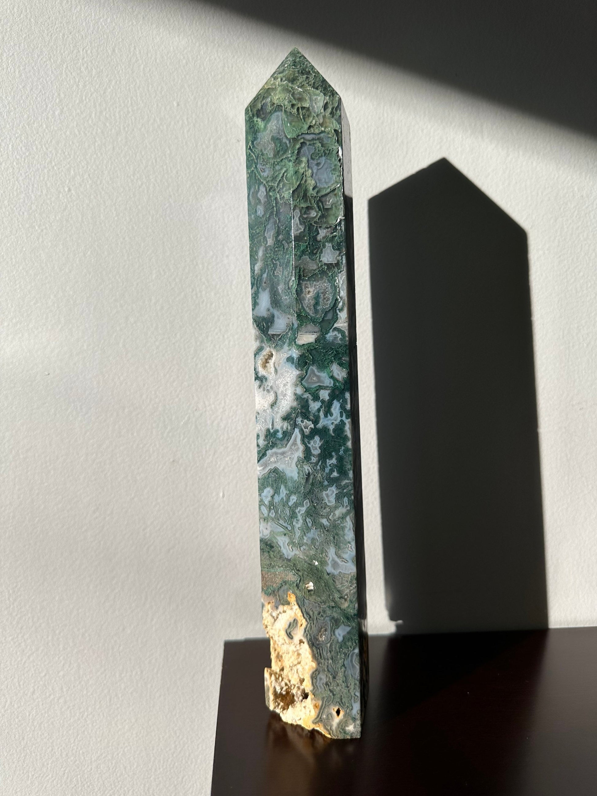 XL Moss Agate Crystal Tower with Druzy | Extra Large Hand Carved Point | Meditation & Healing Crystal Wand