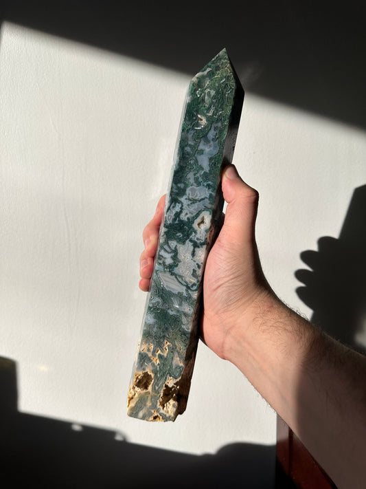 XL Moss Agate Crystal Tower with Druzy | Extra Large Hand Carved Point | Meditation & Healing Crystal Wand