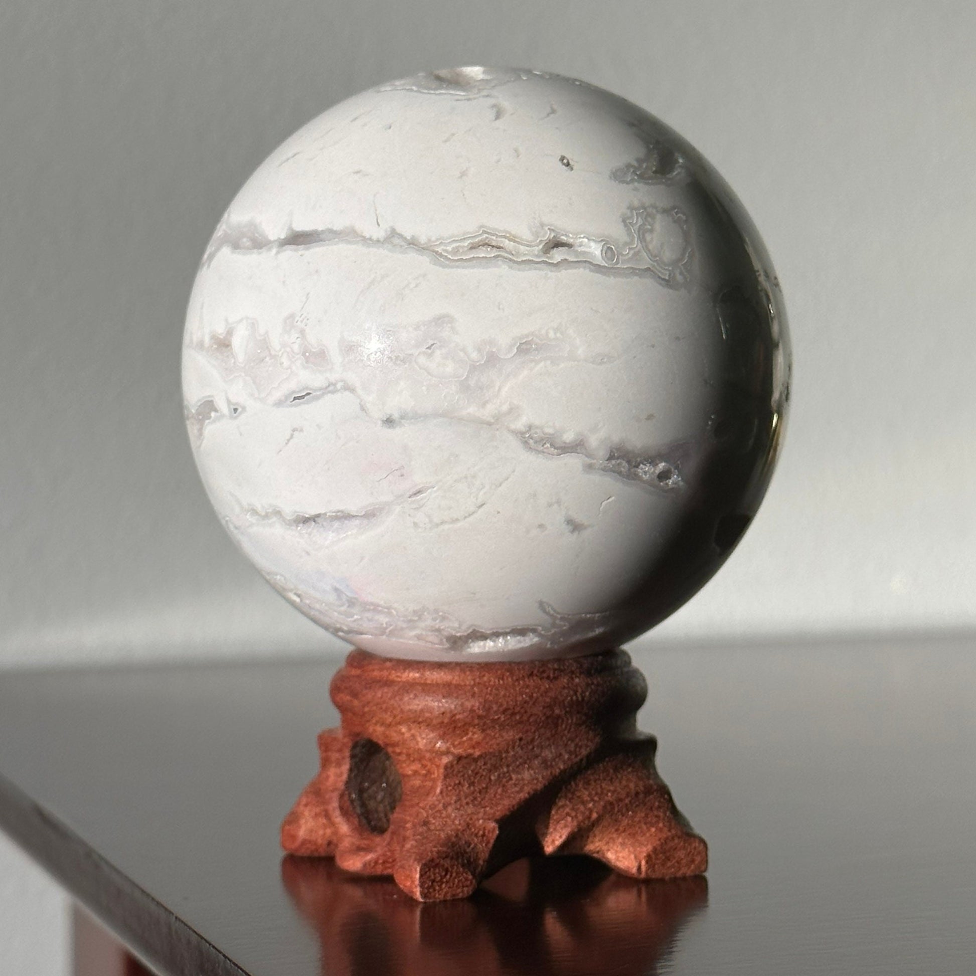 Snow White Agate Crystal Sphere | Crystal Ball | Hand Carved | Meditation & Crystal Healing