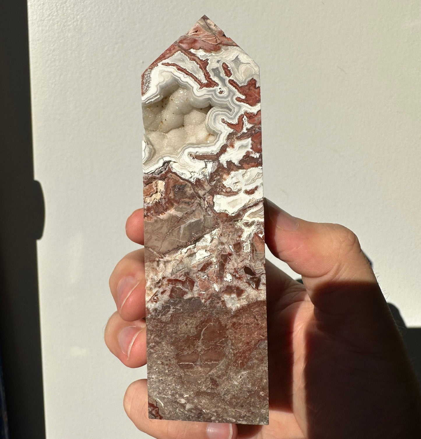 Mexican Crazy Lace Agate Crystal Tower with Sparkling Druzy | Meditation & Healing Crystal Wand