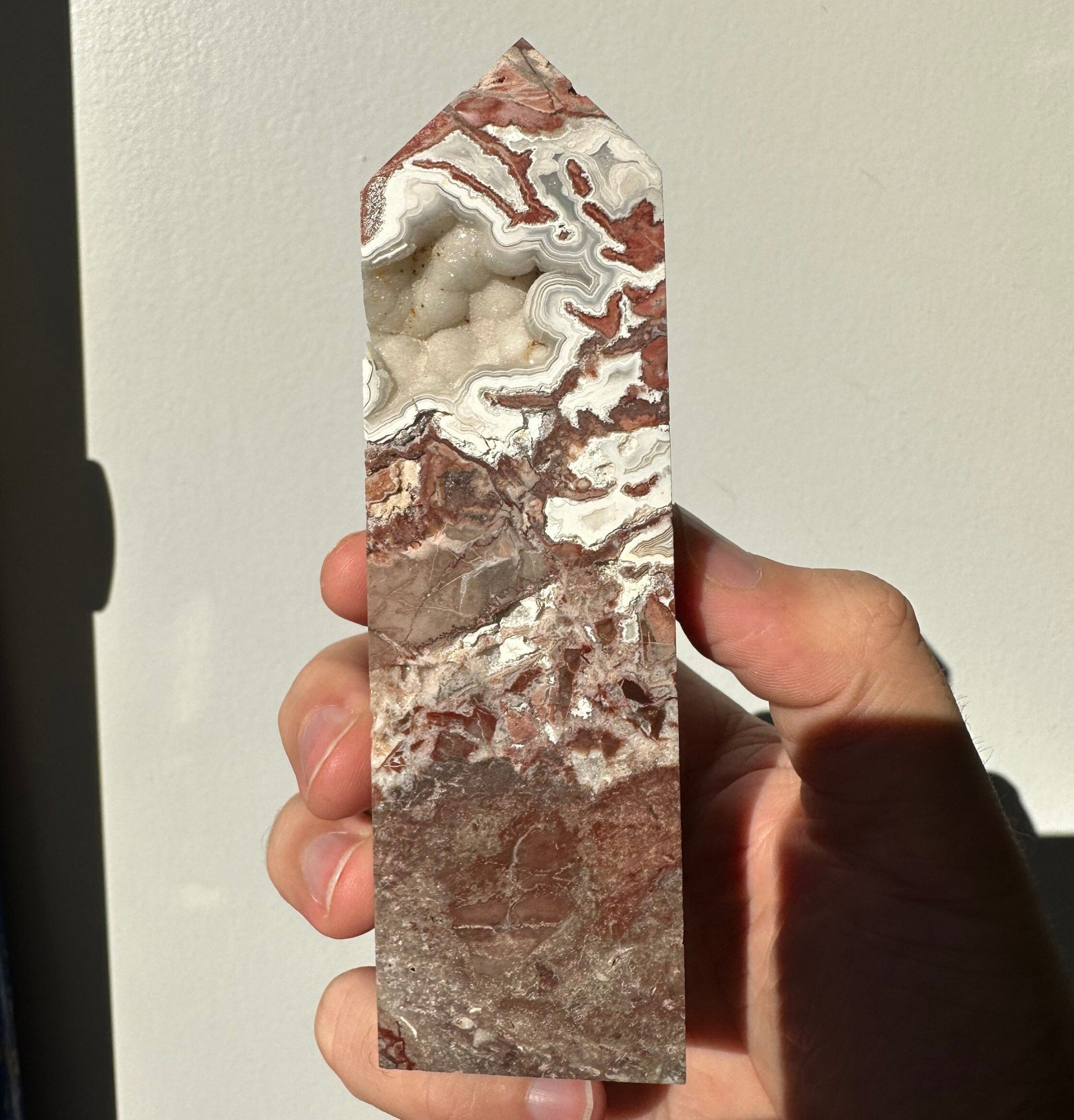 Mexican Crazy Lace Agate Crystal Tower with Sparkling Druzy | Meditation & Healing Crystal Wand