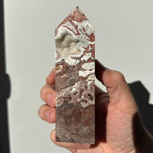 Mexican Crazy Lace Agate Crystal Tower with Sparkling Druzy | Meditation & Healing Crystal Wand